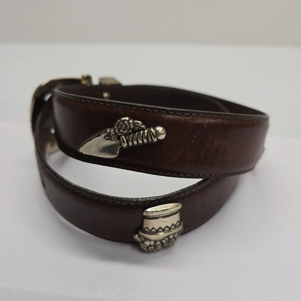 Vintage Brown Leather Gardening Theme Belt Silver Hardware‎ Charms Size M USA